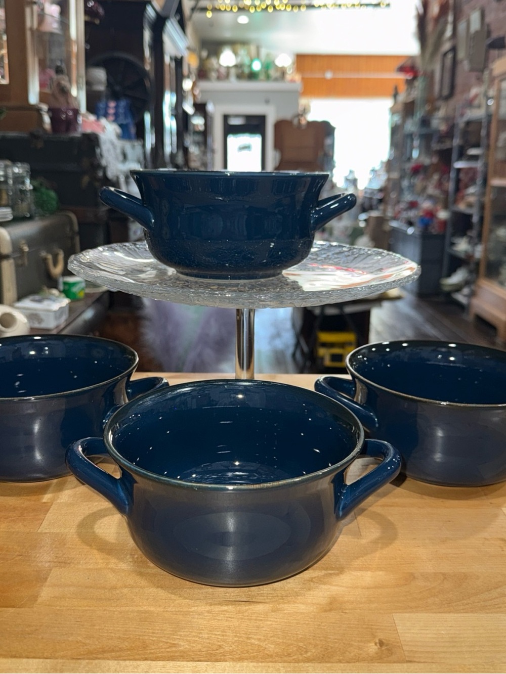 Williams Sonoma Navy Blue Ceramic Double-Handled Soup Bowls Set of 4 Farmhouse